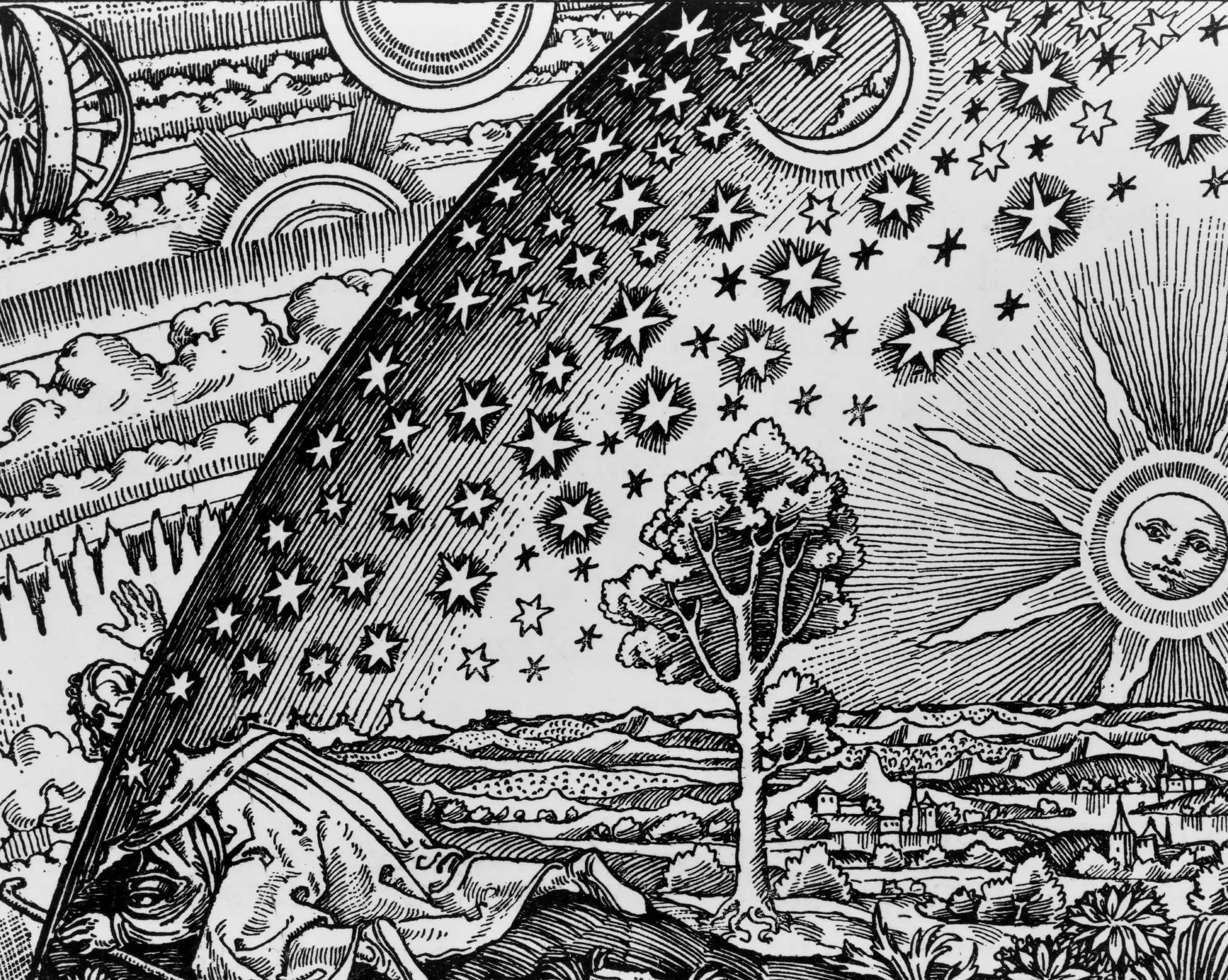The Flammarion engraving: a traveller kneels at the edge of the world and pushes his head through the dome of the sky to see the machinery beyond.