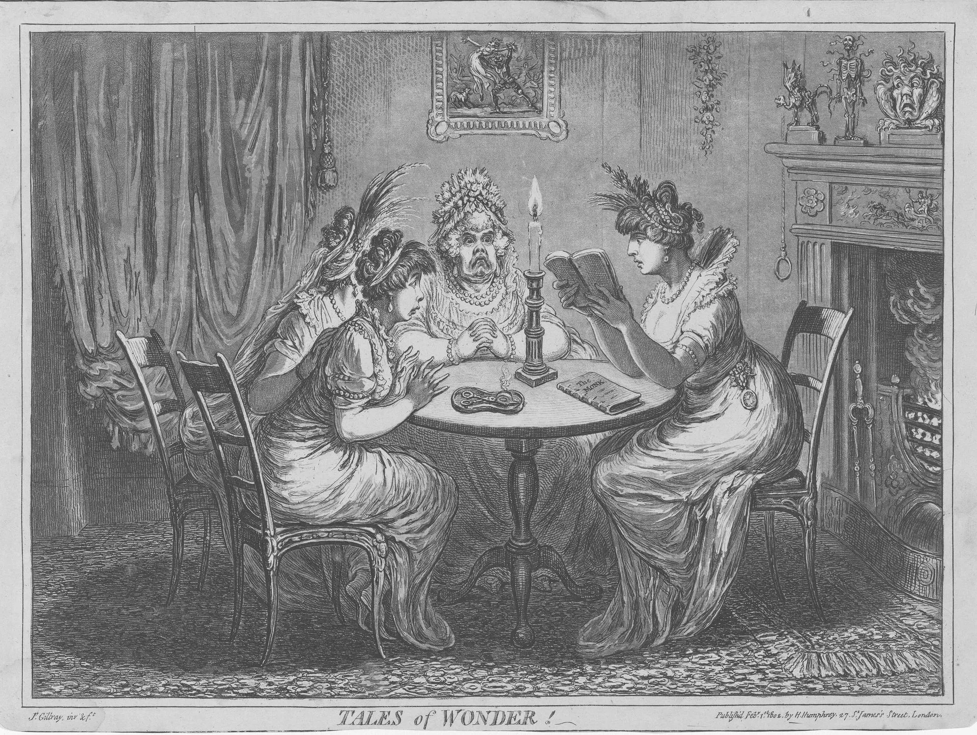 Satirical print: two young women and an older one, seated by candlelight around a round table, listen in terror as a fourth reads aloud from a book.