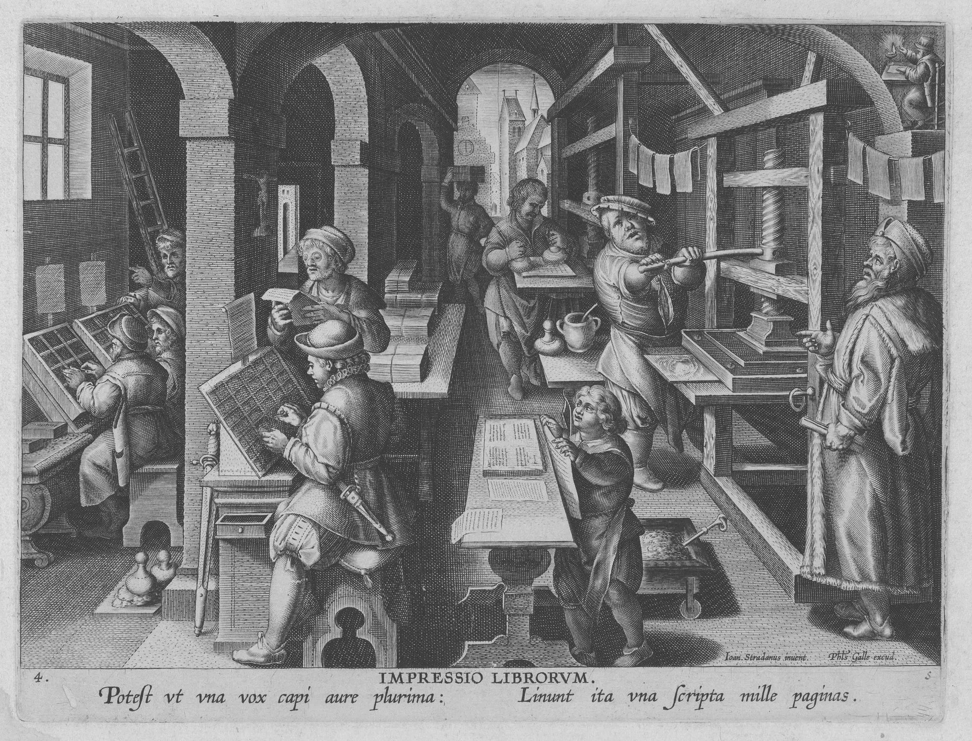 Engraving of a printing shop: compositors set type at their cases, a pressman pulls the bar of the press, a boy carries freshly printed sheets and a bearded man looks on.