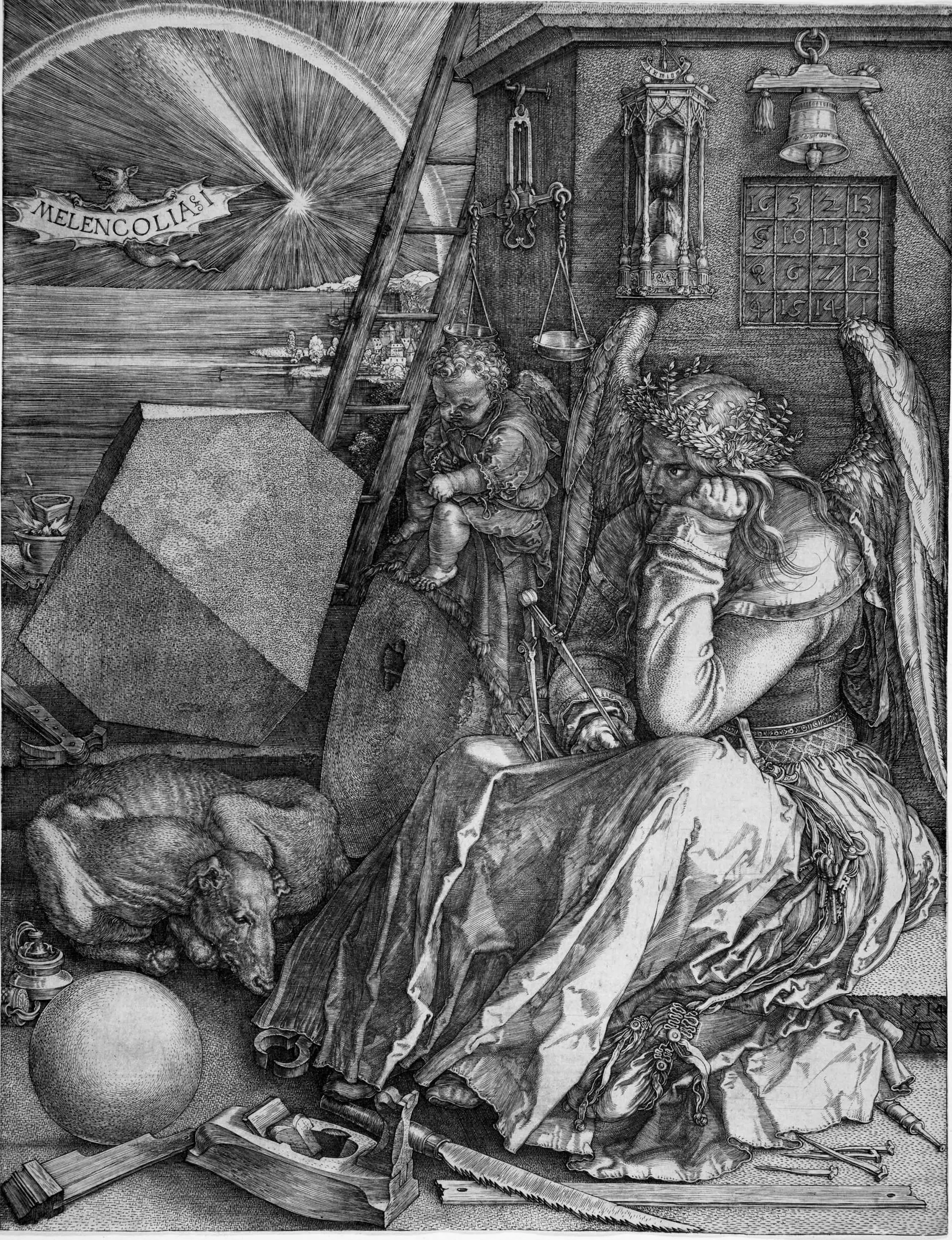 Albrecht Dürer’s Melencolia I: a winged figure sits among tools of geometry and carpentry, head in hand, a compass in her lap.