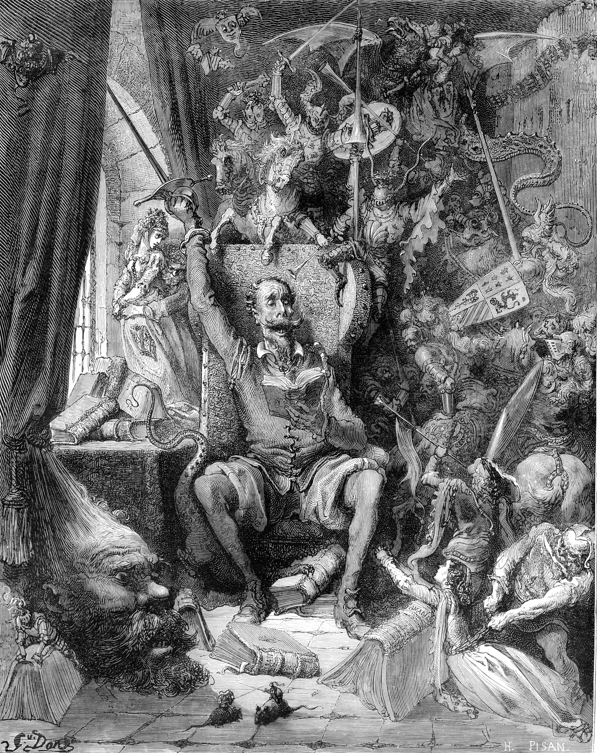 Gustave Doré’s Don Quixote in his library: the old man sits reading with a sword raised while knights, dragons, damsels and giants spill out of his books and crowd around him.