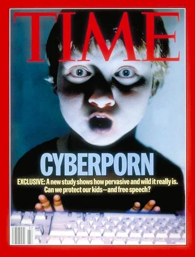 TIME magazine cover: a blond boy, lit by the glow of a screen, stares wide-eyed with his mouth open. Over the keyboard, the word CYBERPORN and the question of whether we can protect our kids and free speech.